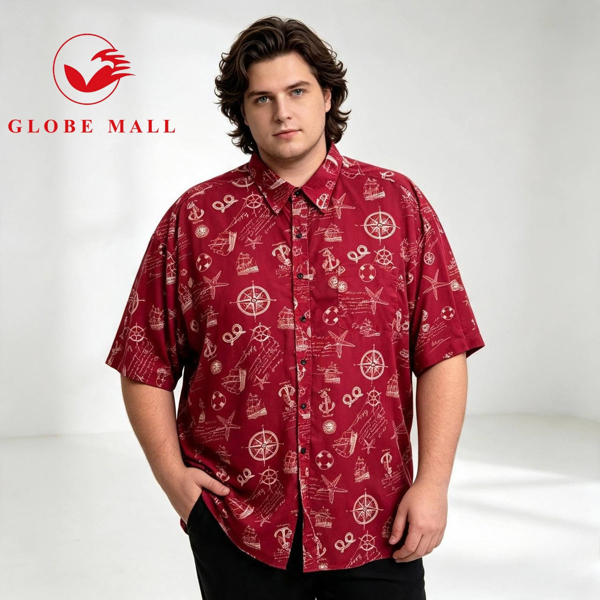 Men’s Plus Size Nautical Marine Print Short Sleeve Casual Shirt