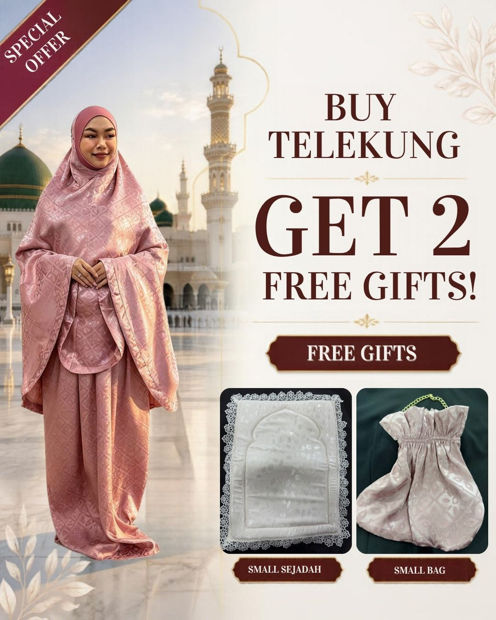 Telekung Muslimah Prayer Set with 2 Free Gifts – Small Sejadah & Small Bag