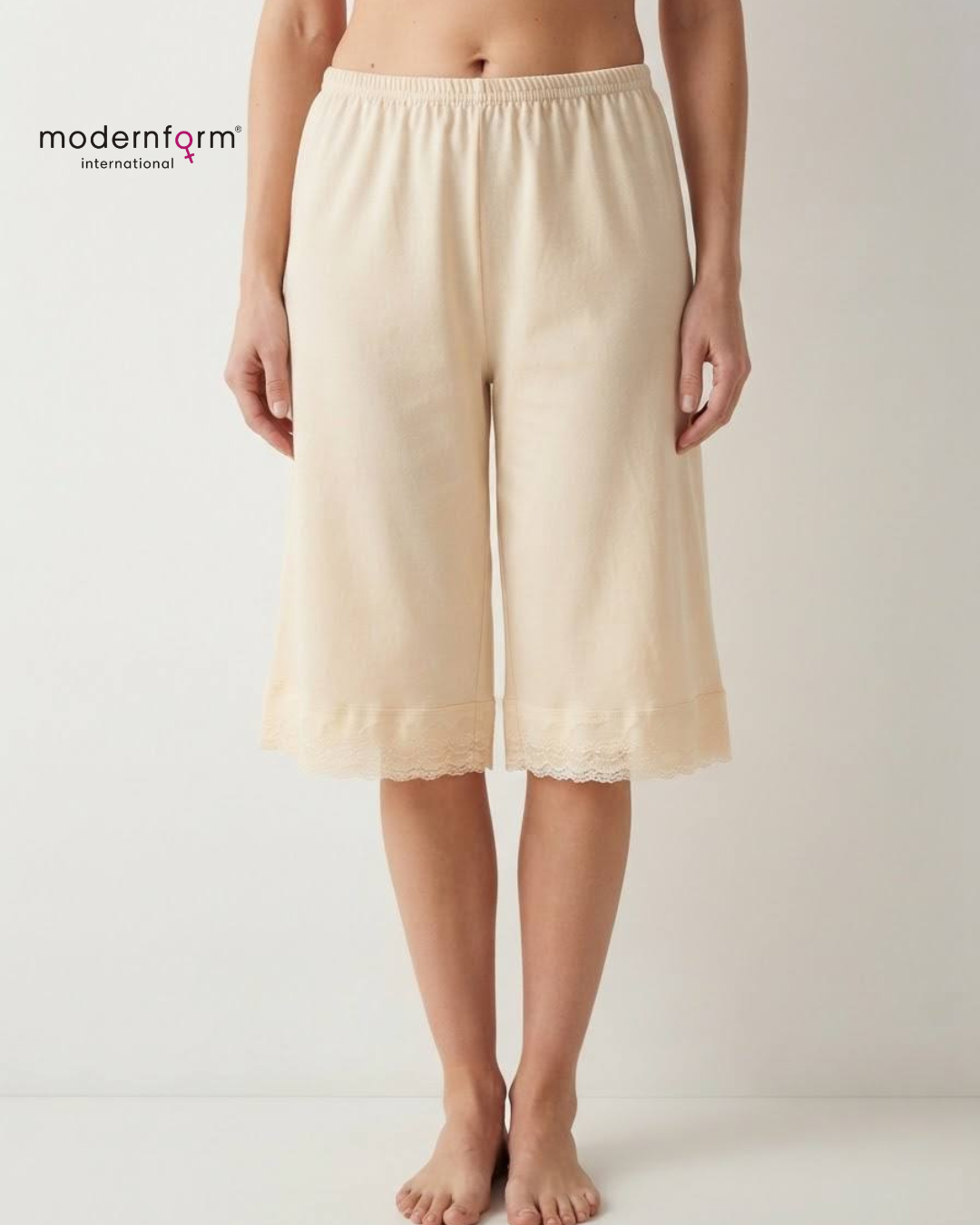 Women's Elastic Waist Knee-Length Culotte Slip / Undershorts with Lace Trim