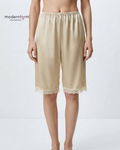 Women's Elastic Waist Satin Knee-Length Culotte Slip / Undershorts with Lace Trim