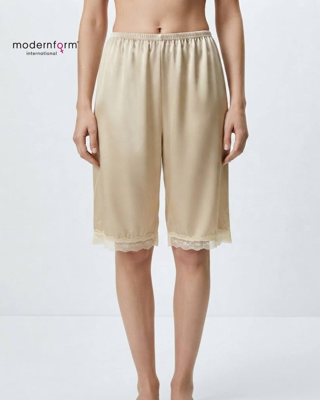 Women's Elastic Waist Satin Knee-Length Culotte Slip / Undershorts with Lace Trim