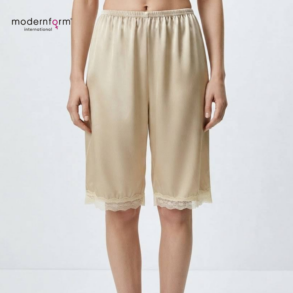 Women's Elastic Waist Satin Knee-Length Culotte Slip / Undershorts with Lace Trim