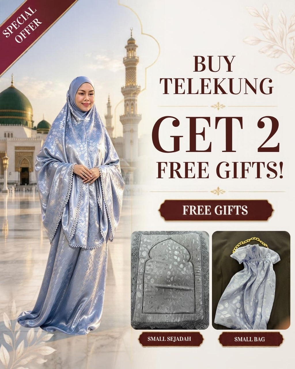 Telekung Muslimah Prayer Set with 2 Free Gifts – Small Sejadah & Small Bag