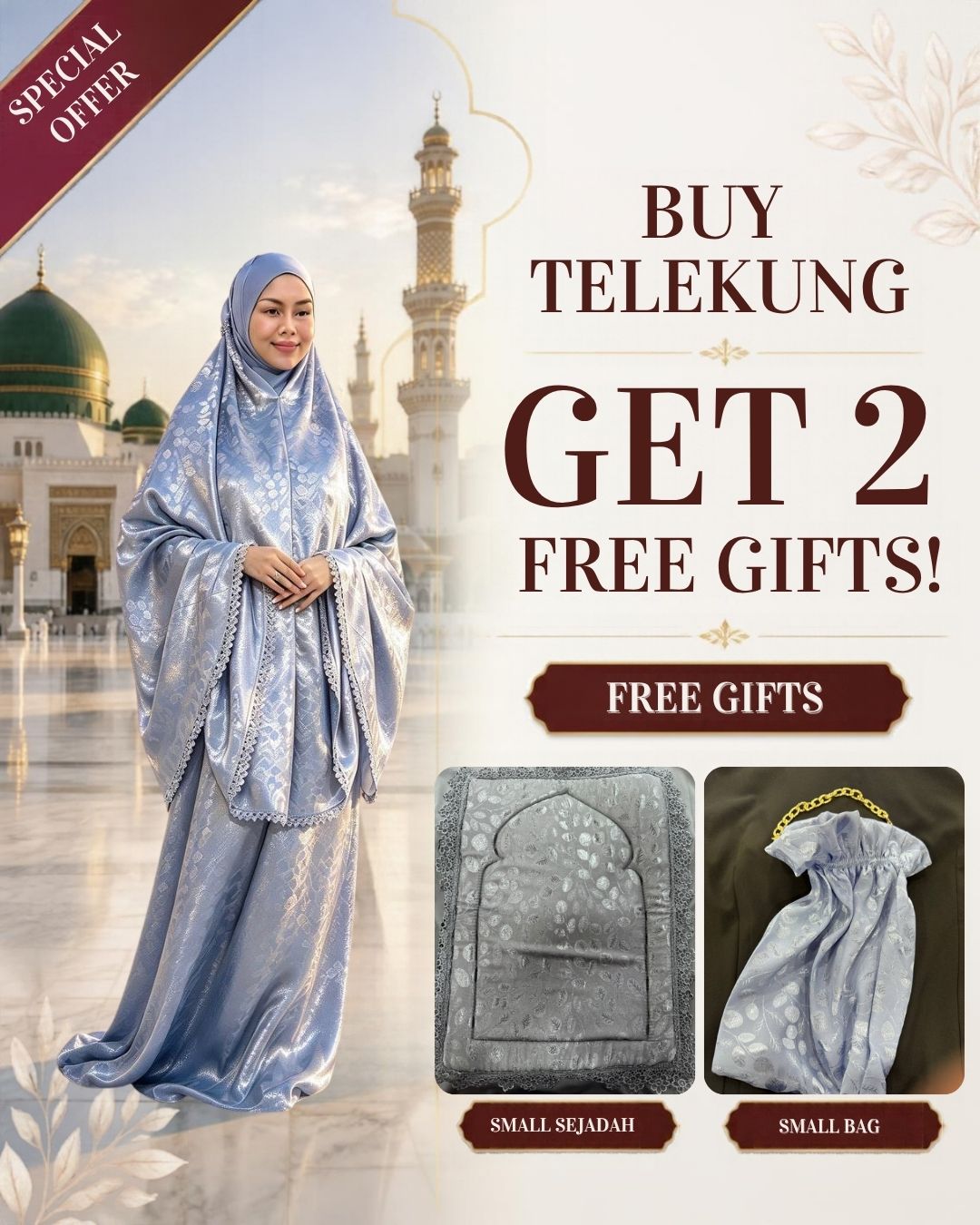 Telekung Muslimah Prayer Set with 2 Free Gifts – Small Sejadah & Small Bag