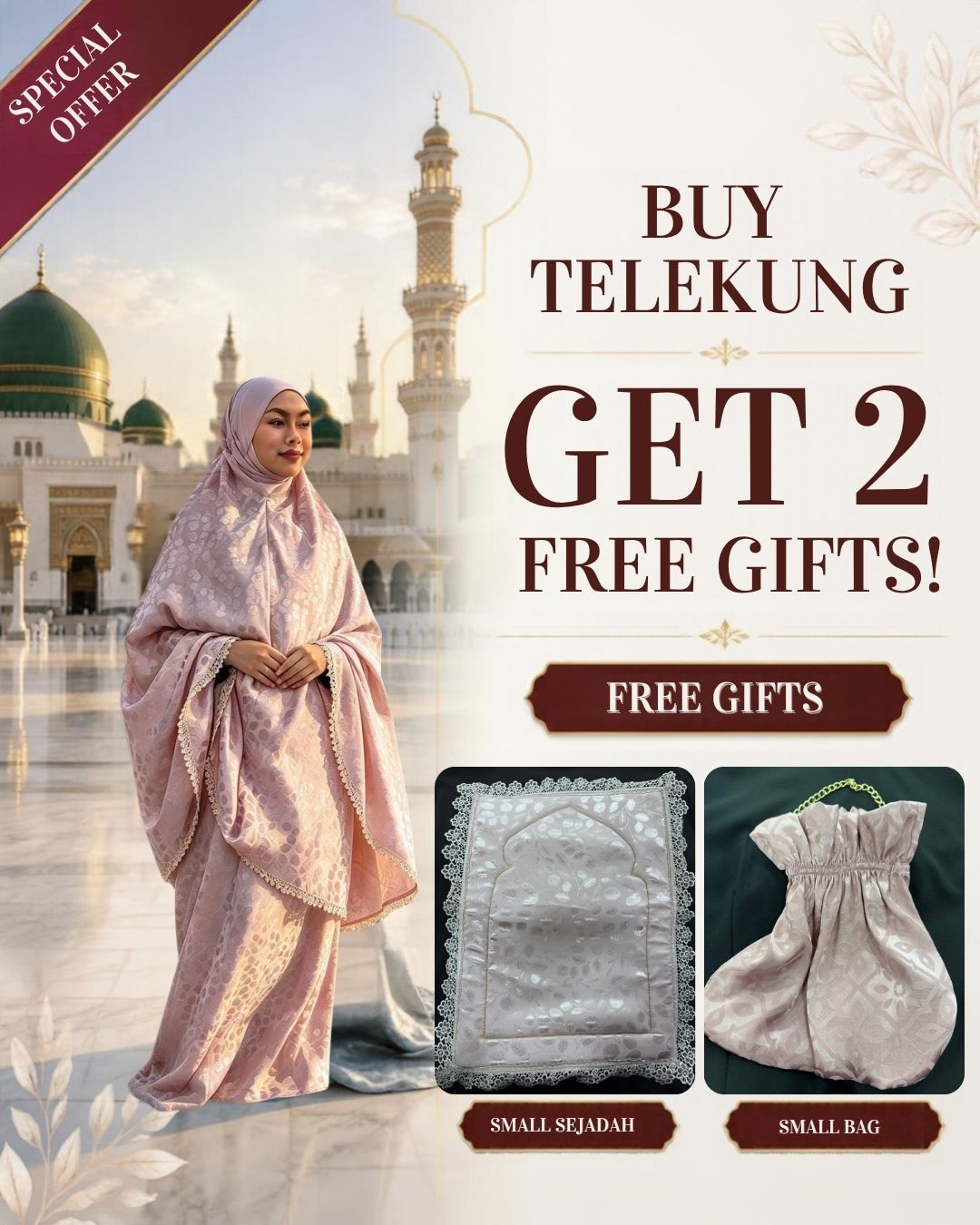 Telekung Muslimah Prayer Set with 2 Free Gifts – Small Sejadah & Small Bag