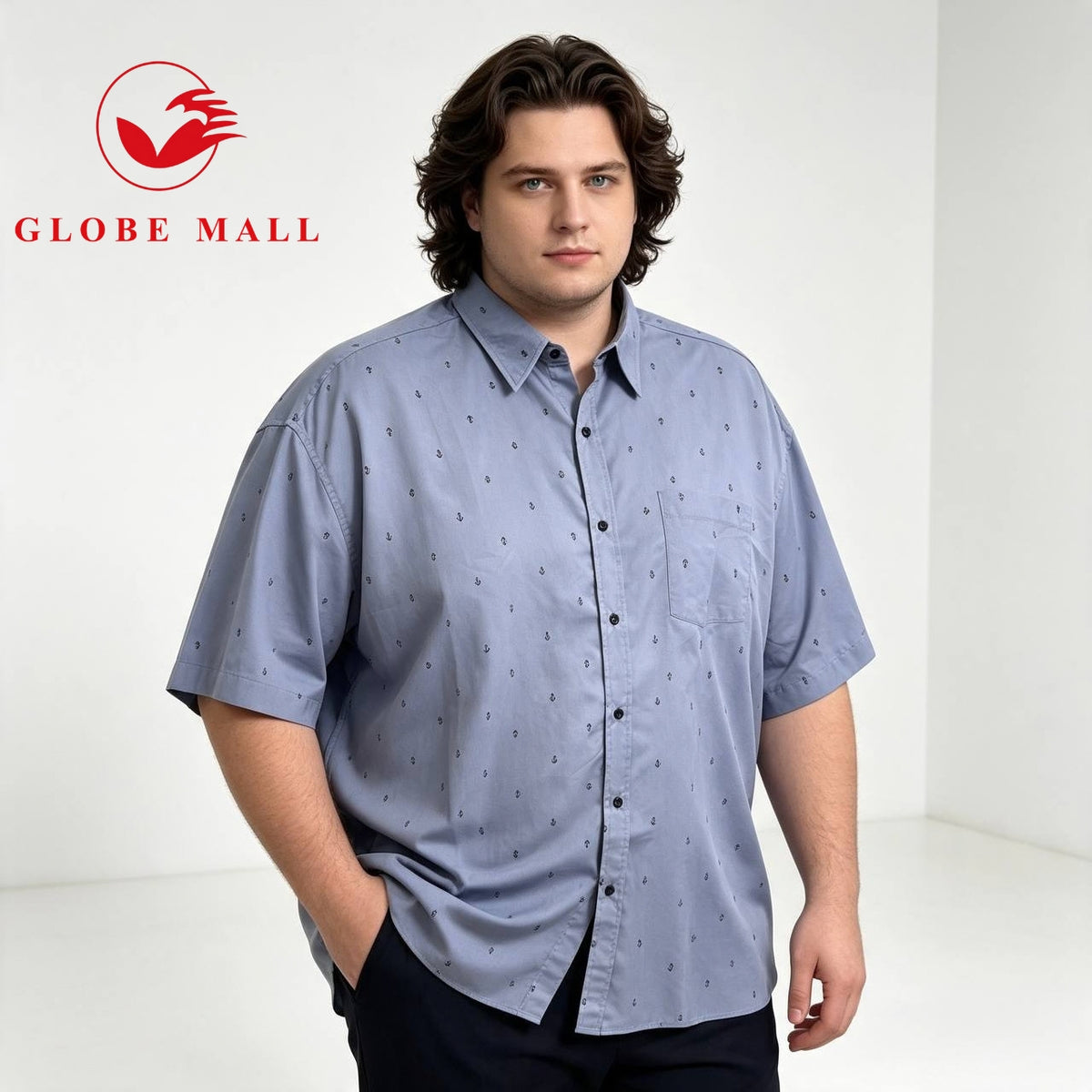 Men’s Plus Size Anchor Micro-Print Short Sleeve Casual Shirt