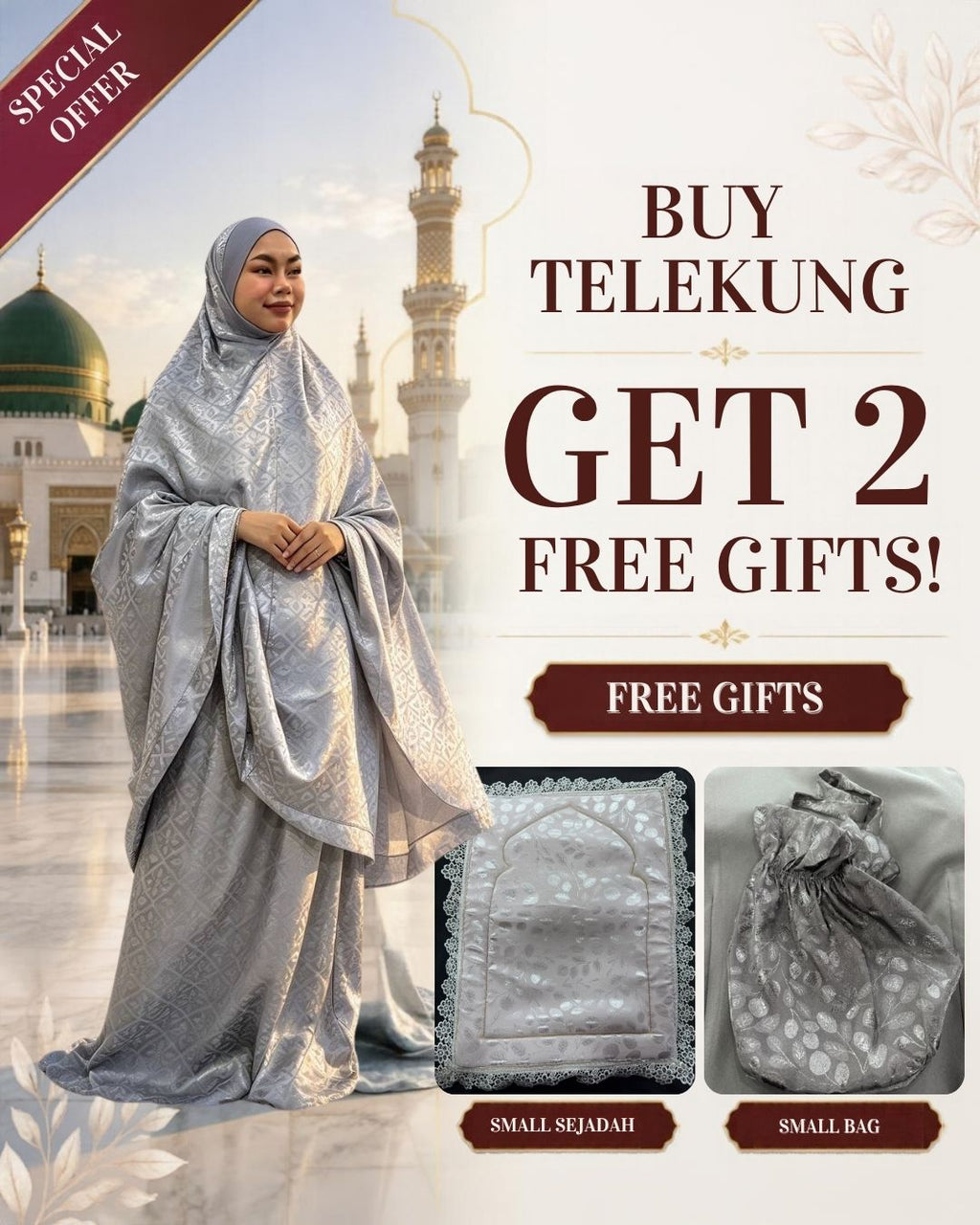 Telekung Muslimah Prayer Set with 2 Free Gifts – Small Sejadah & Small Bag