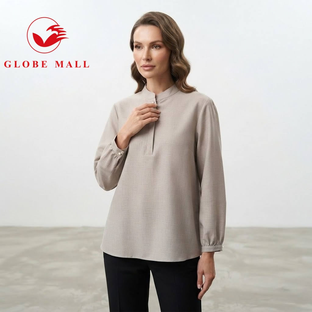 Ladies Minimalist Mandarin Collar Pearl-Button Muslimah Blouse