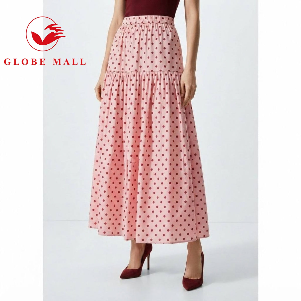 Ladies High-Waisted Tiered Polka Dot Maxi Skirt