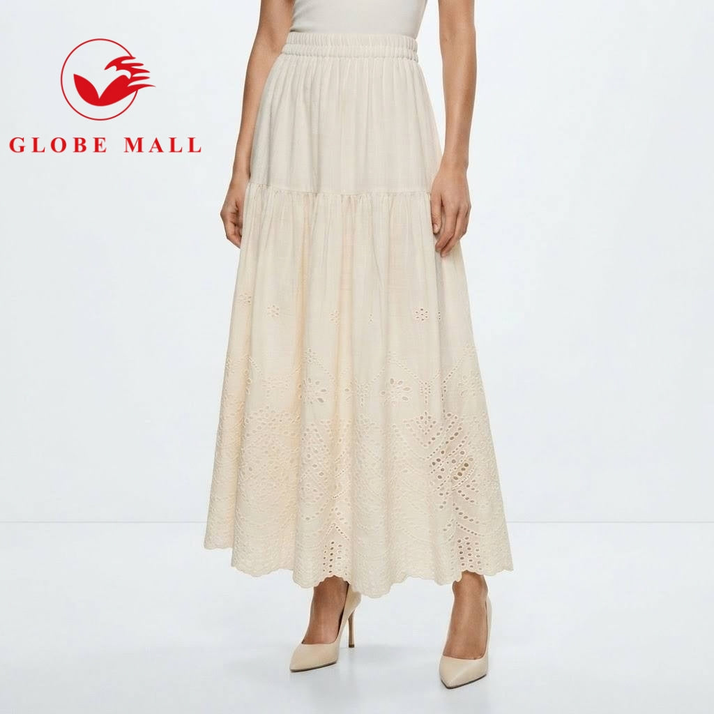 Ladies Embroidered Eyelet Tiered Maxi Skirt
