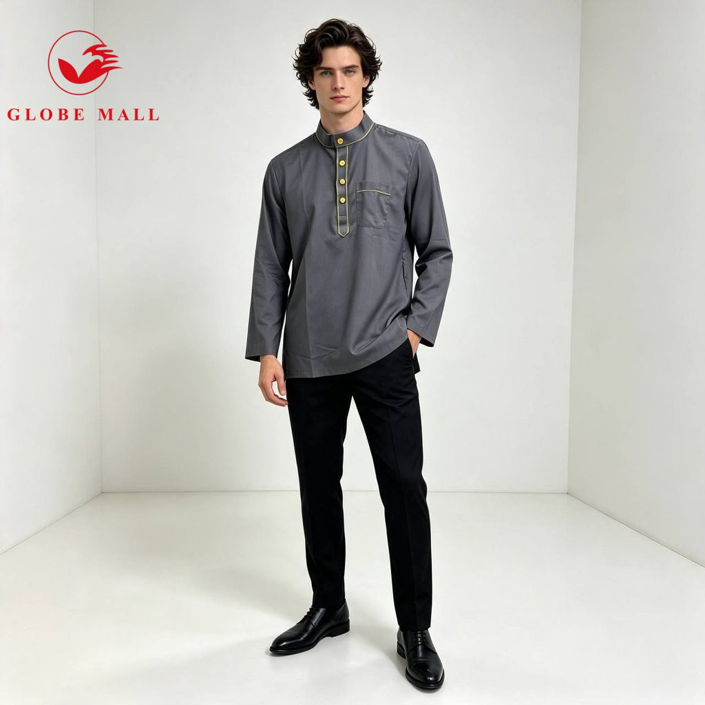 Men’s Contrast Gold-Trim Cekak Musang Kurta