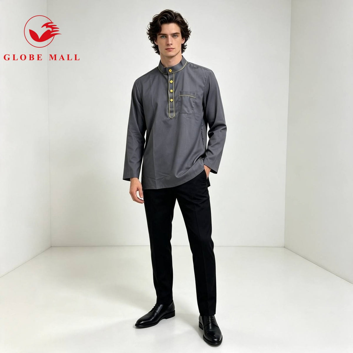 Men’s Contrast Gold-Trim Cekak Musang Kurta