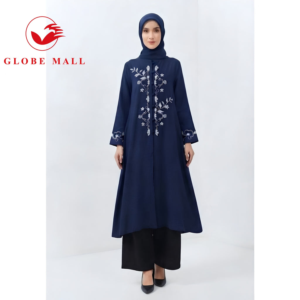 Embroidered Floral Front-Button Long Muslimah Blouse Tunic