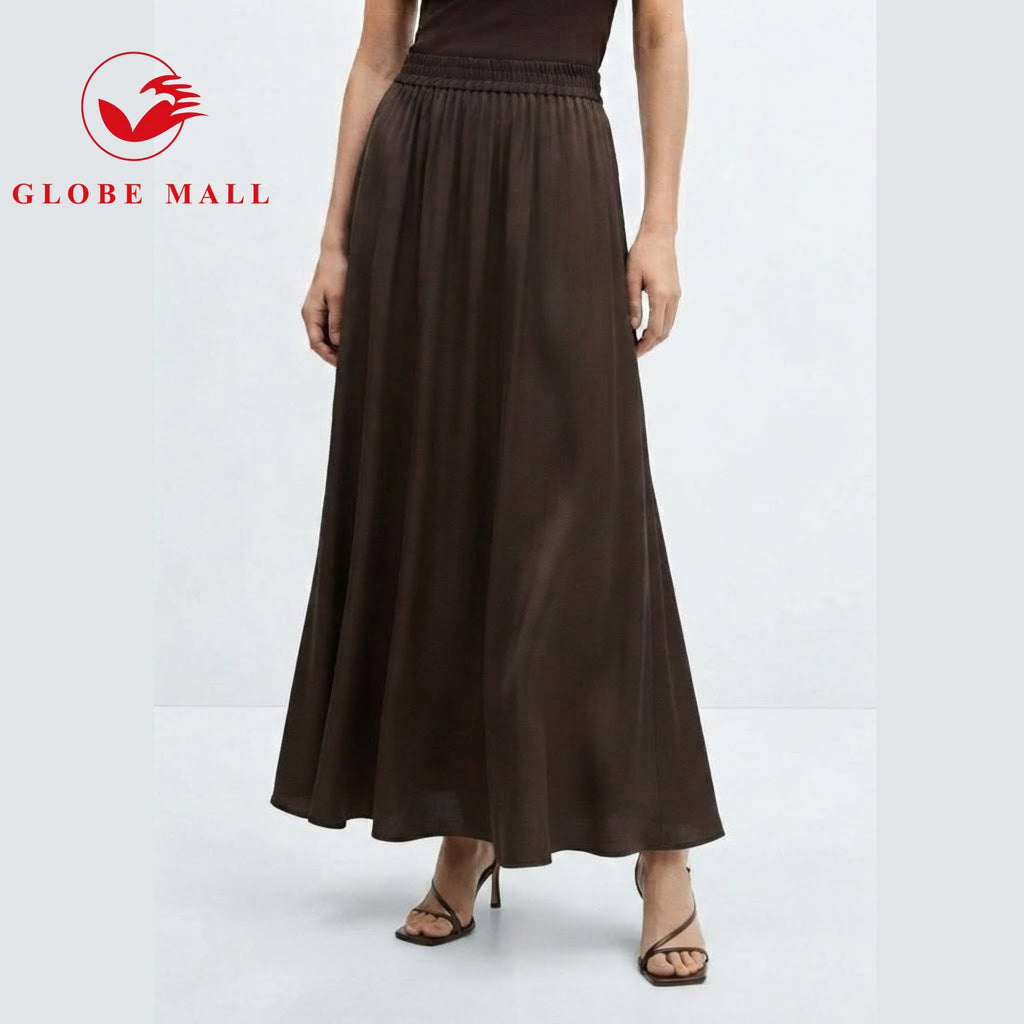 Women’s Elastic High-Waist Plain Pleated A-Line Maxi Skirt