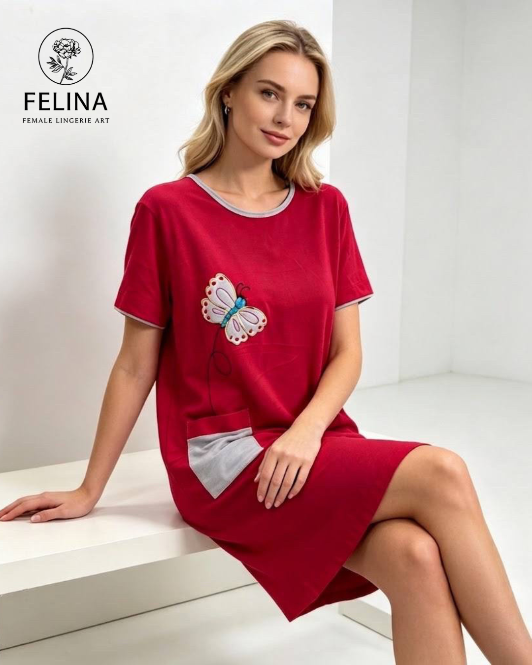 Women's Butterfly Motif Short Sleeve Pocket Nightdress