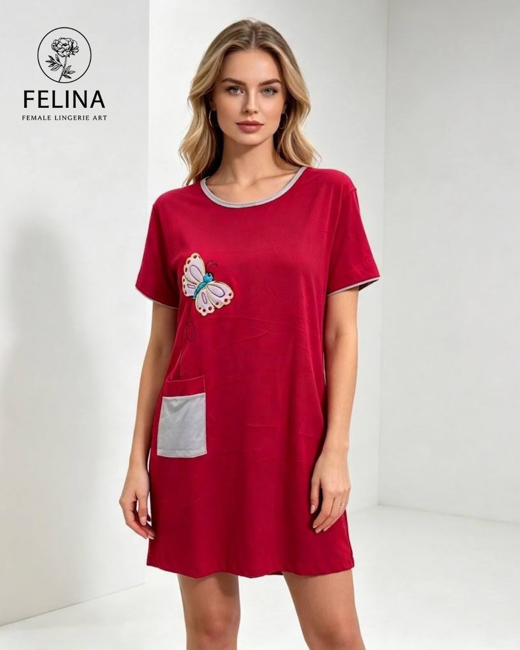 Women's Butterfly Motif Short Sleeve Pocket Nightdress