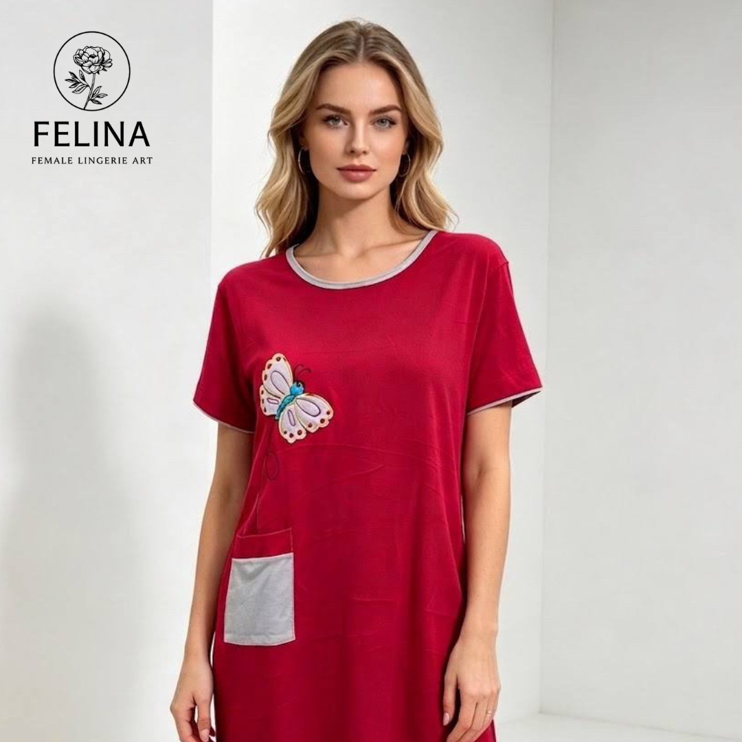 Women's Butterfly Motif Short Sleeve Pocket Nightdress