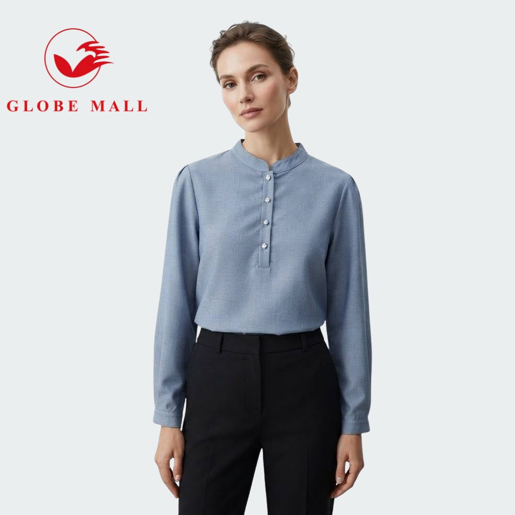 Ladies Minimalist Mandarin Collar Pearl-Button Muslimah Blouse