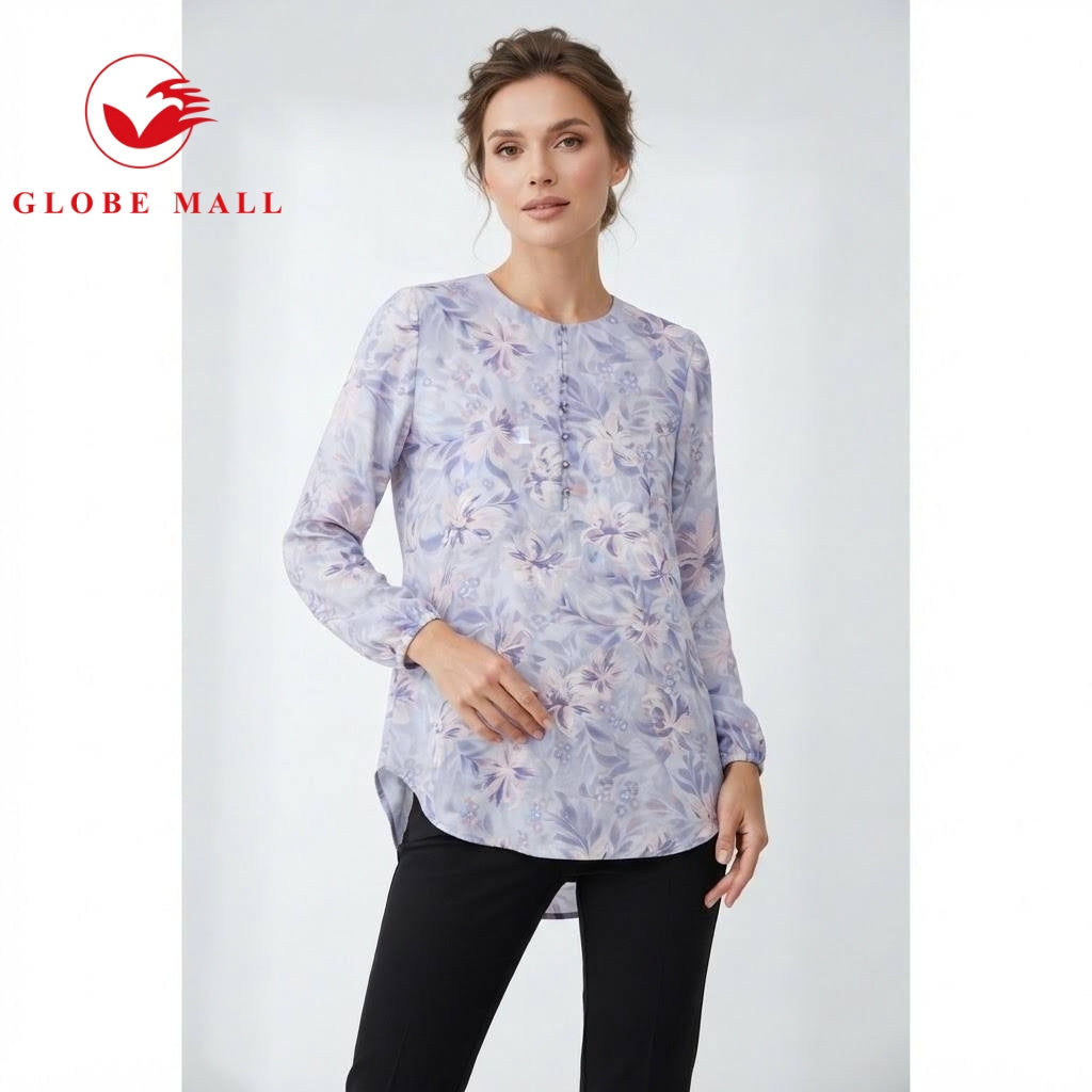 Globemall Ladies Soft Floral Button-Front Long Sleeve Muslimah Blouse