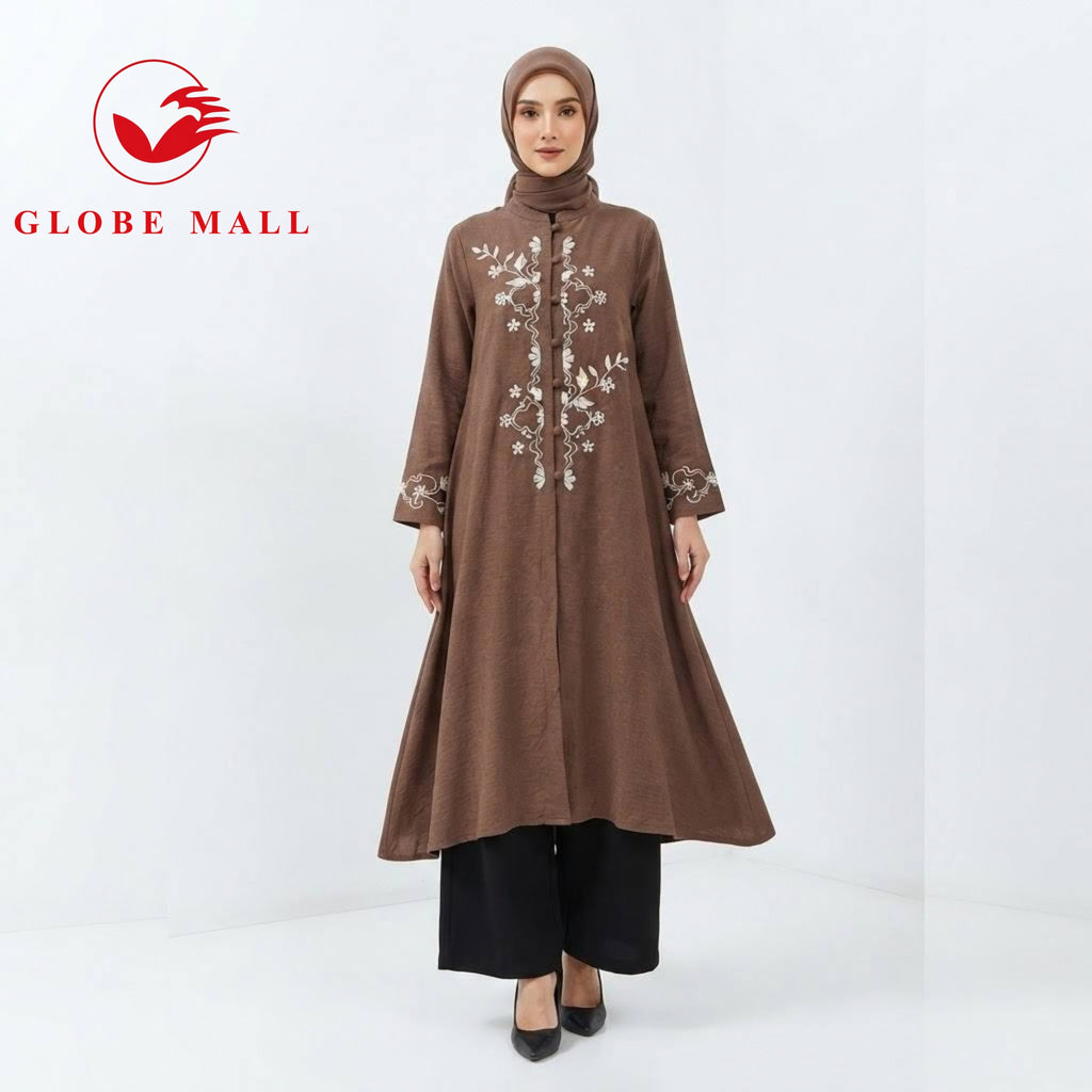 Embroidered Floral Front-Button Long Muslimah Blouse Tunic