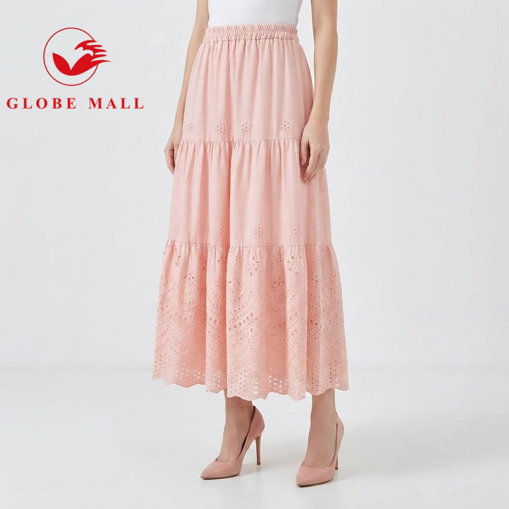 Ladies Embroidered Eyelet Tiered Maxi Skirt