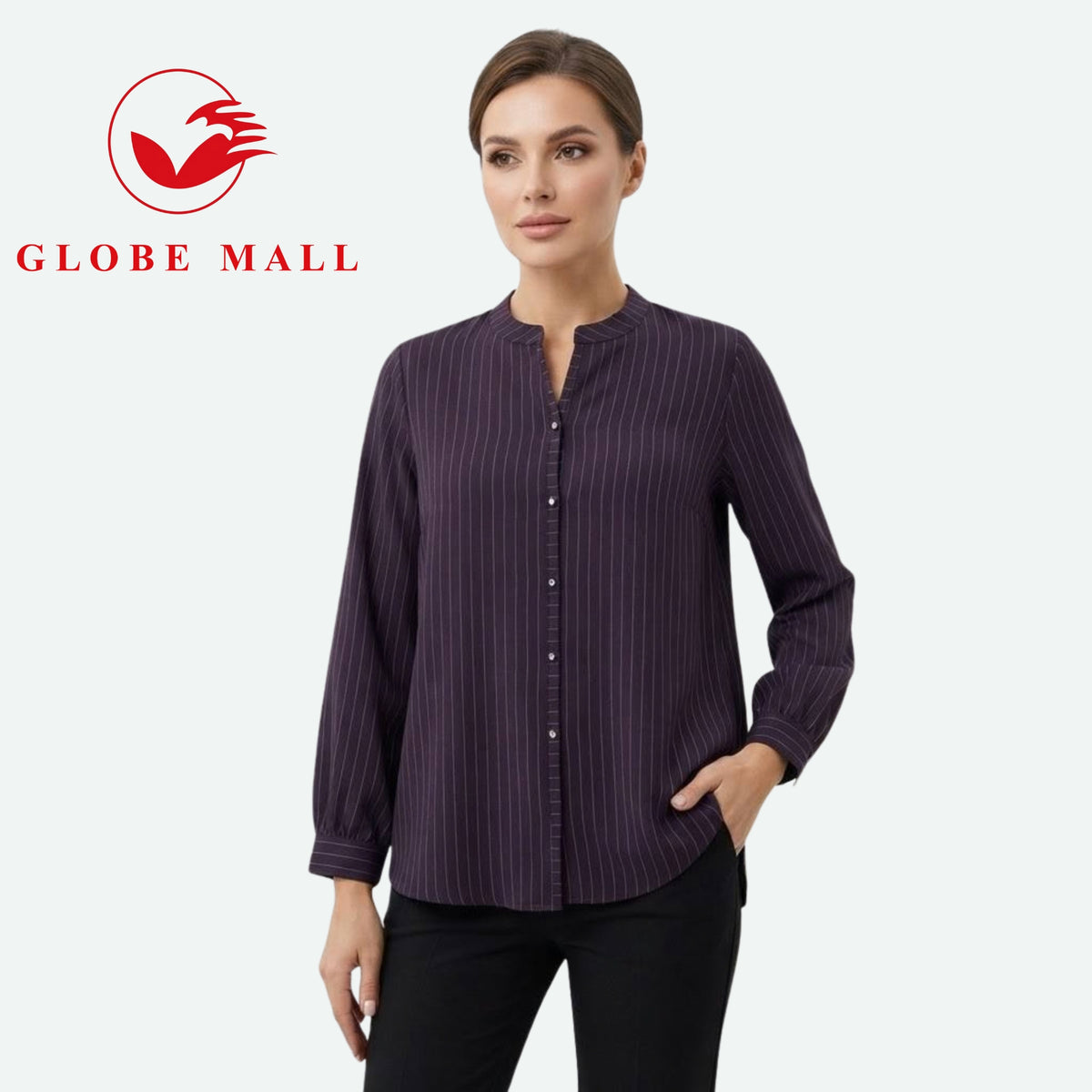 Ladies Striped V-Neck Long Sleeve Muslimah Blouse