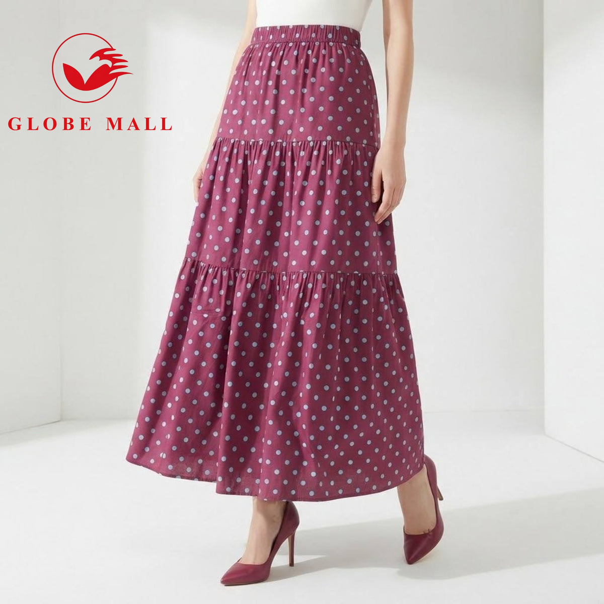 Ladies High-Waisted Tiered Polka Dot Maxi Skirt