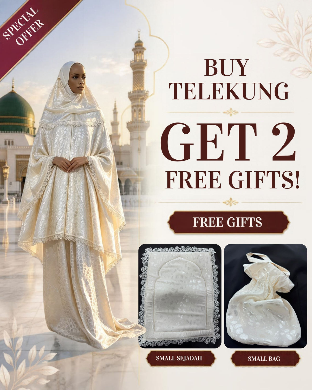 Telekung Muslimah Prayer Set with 2 Free Gifts – Small Sejadah & Small Bag