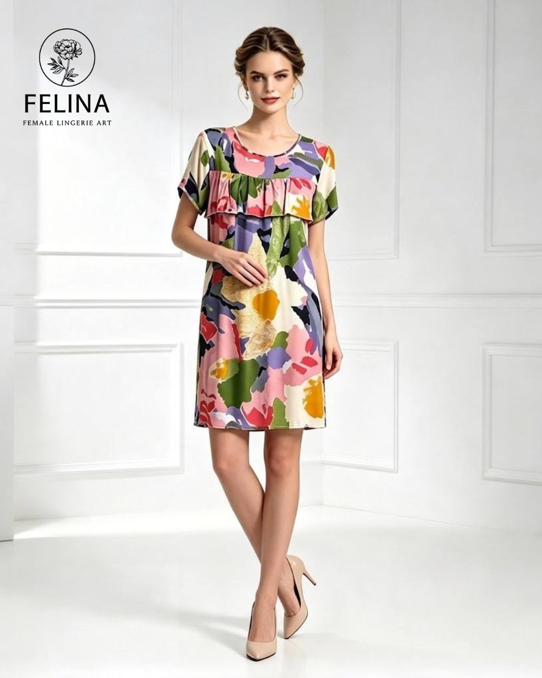 Women's Colorful Abstract Floral Ruffle Short Sleeve Nightdress