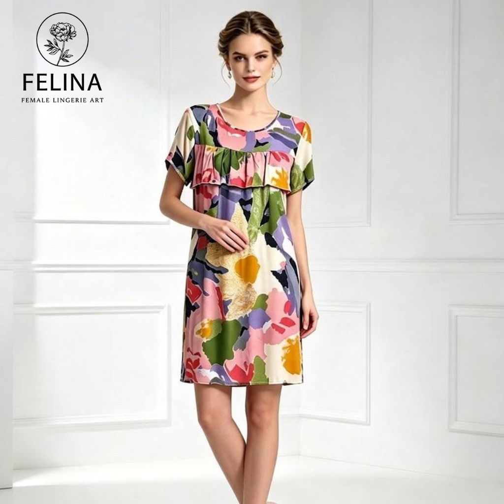 Women's Colorful Abstract Floral Ruffle Short Sleeve Nightdress