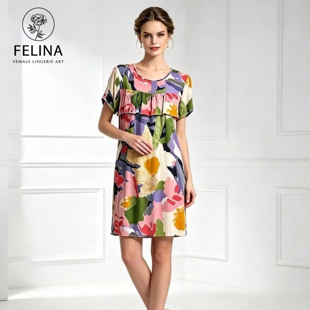 Women's Colorful Abstract Floral Ruffle Short Sleeve Nightdress