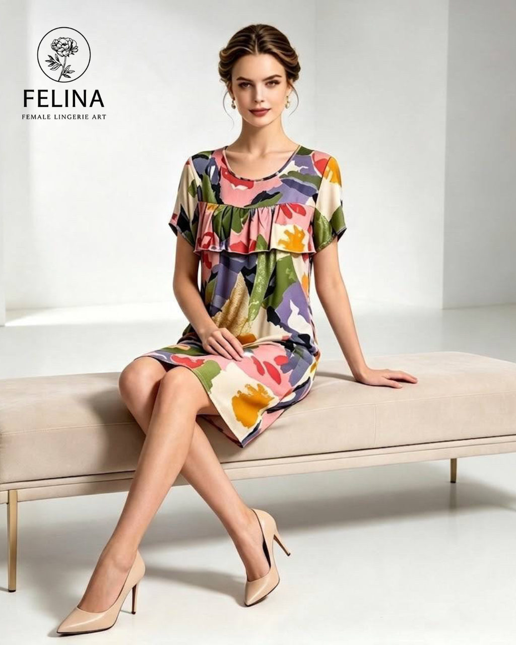 Women's Colorful Abstract Floral Ruffle Short Sleeve Nightdress