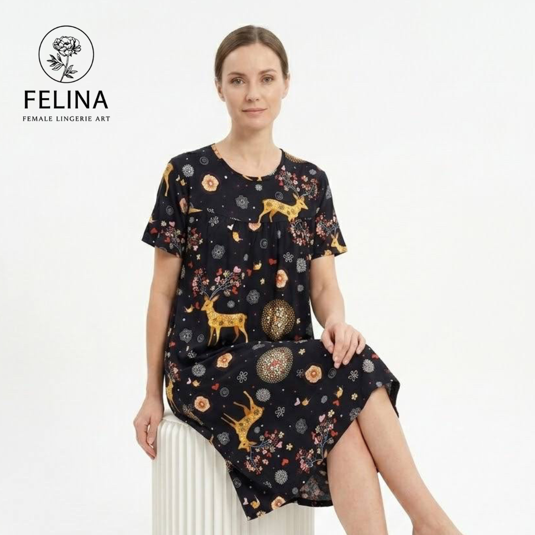 Women's Golden Deer & Floral Print Short Sleeve Nightdress