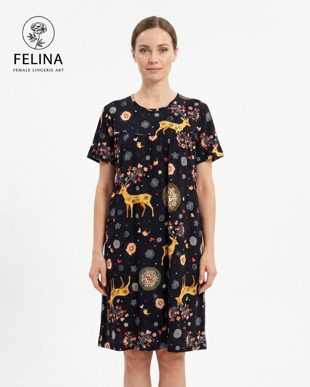 Women's Golden Deer & Floral Print Short Sleeve Nightdress