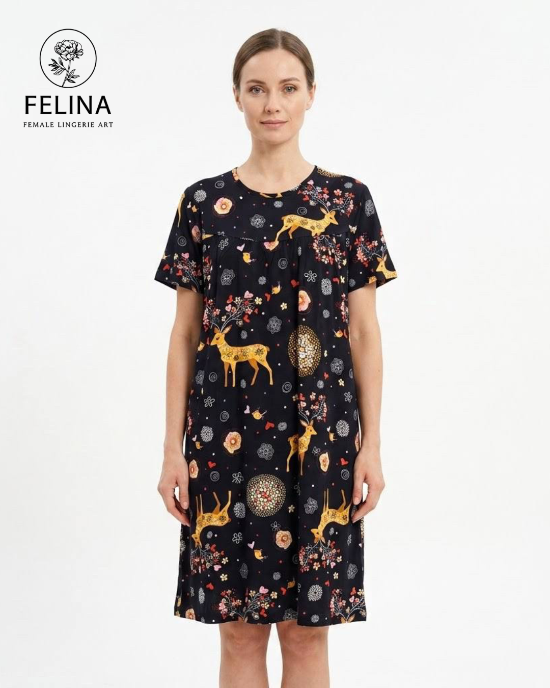Women's Golden Deer & Floral Print Short Sleeve Nightdress