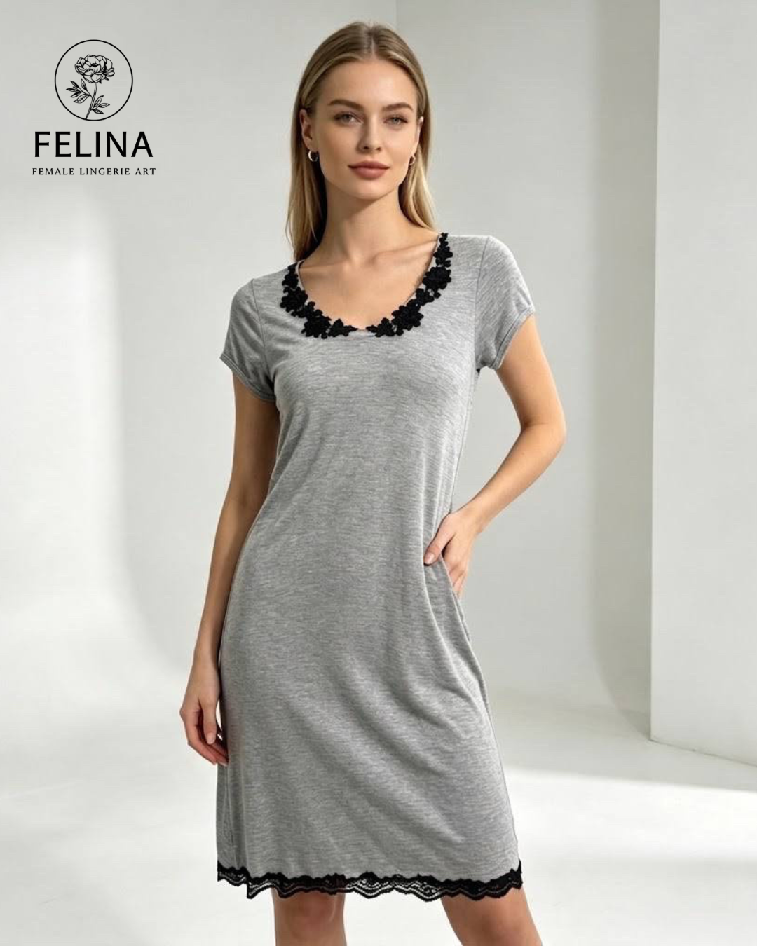Women's Black Lace Trim Short Sleeve Nightdress