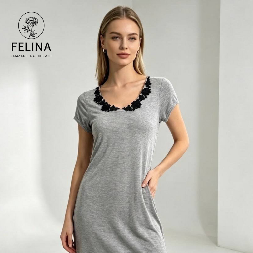 Women's Black Lace Trim Short Sleeve Nightdress