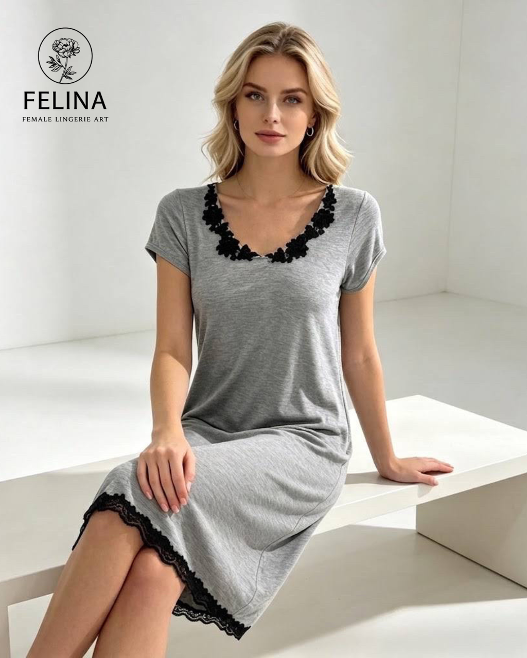 Women's Black Lace Trim Short Sleeve Nightdress