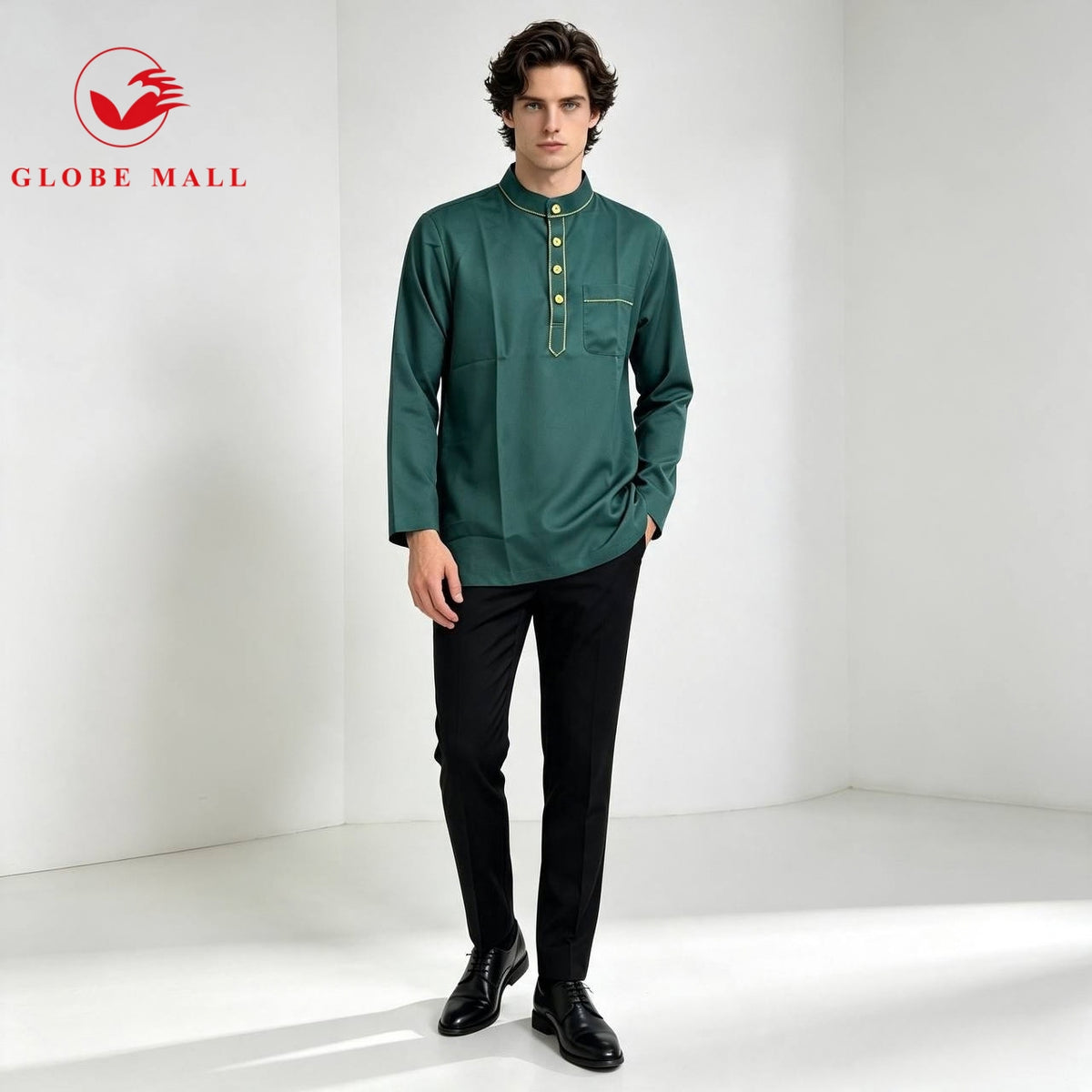 Men’s Contrast Gold-Trim Cekak Musang Kurta