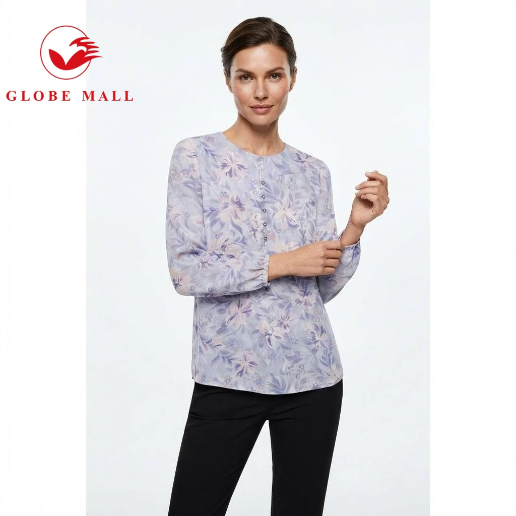 Globemall Ladies Soft Floral Button-Front Long Sleeve Muslimah Blouse