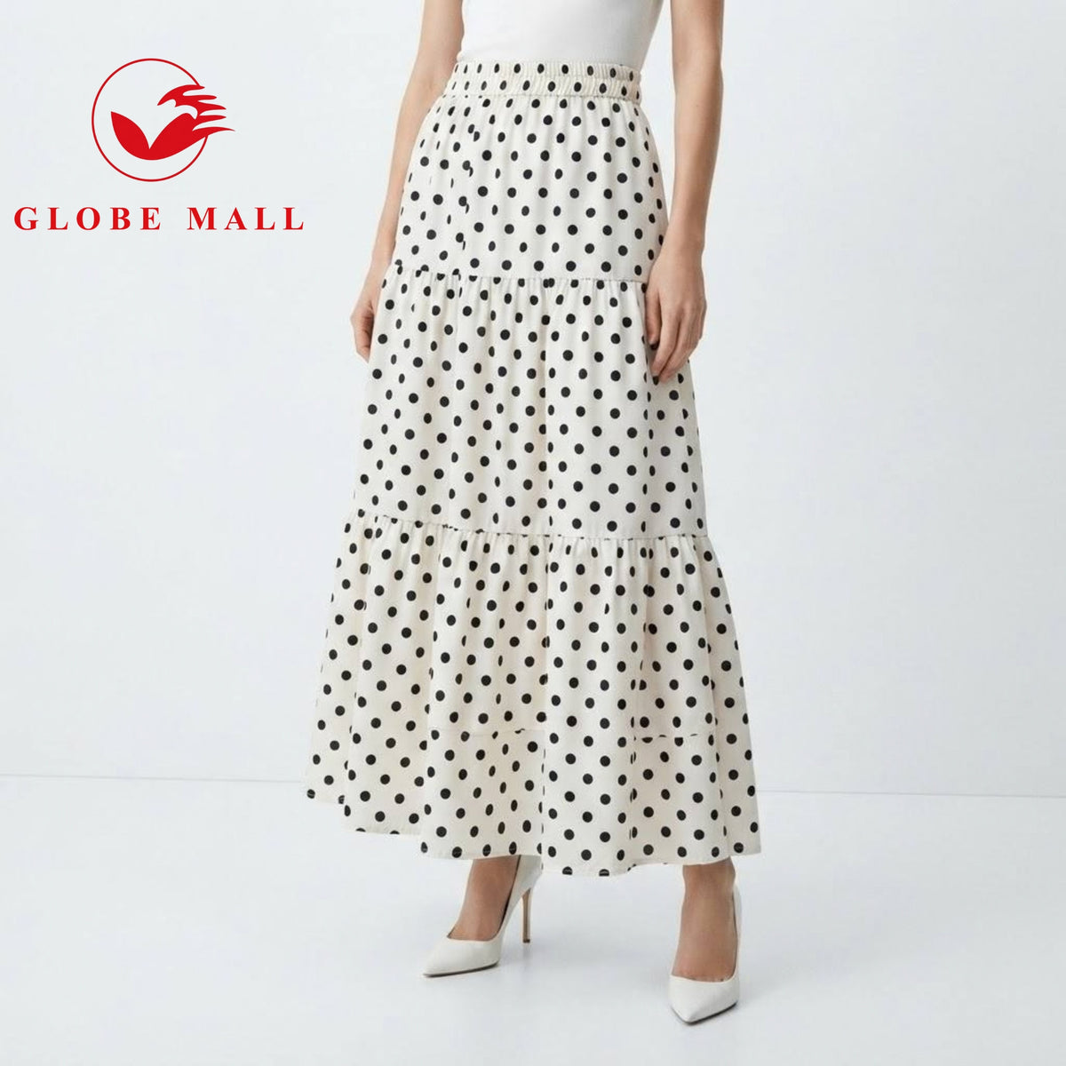 Ladies High-Waisted Tiered Polka Dot Maxi Skirt