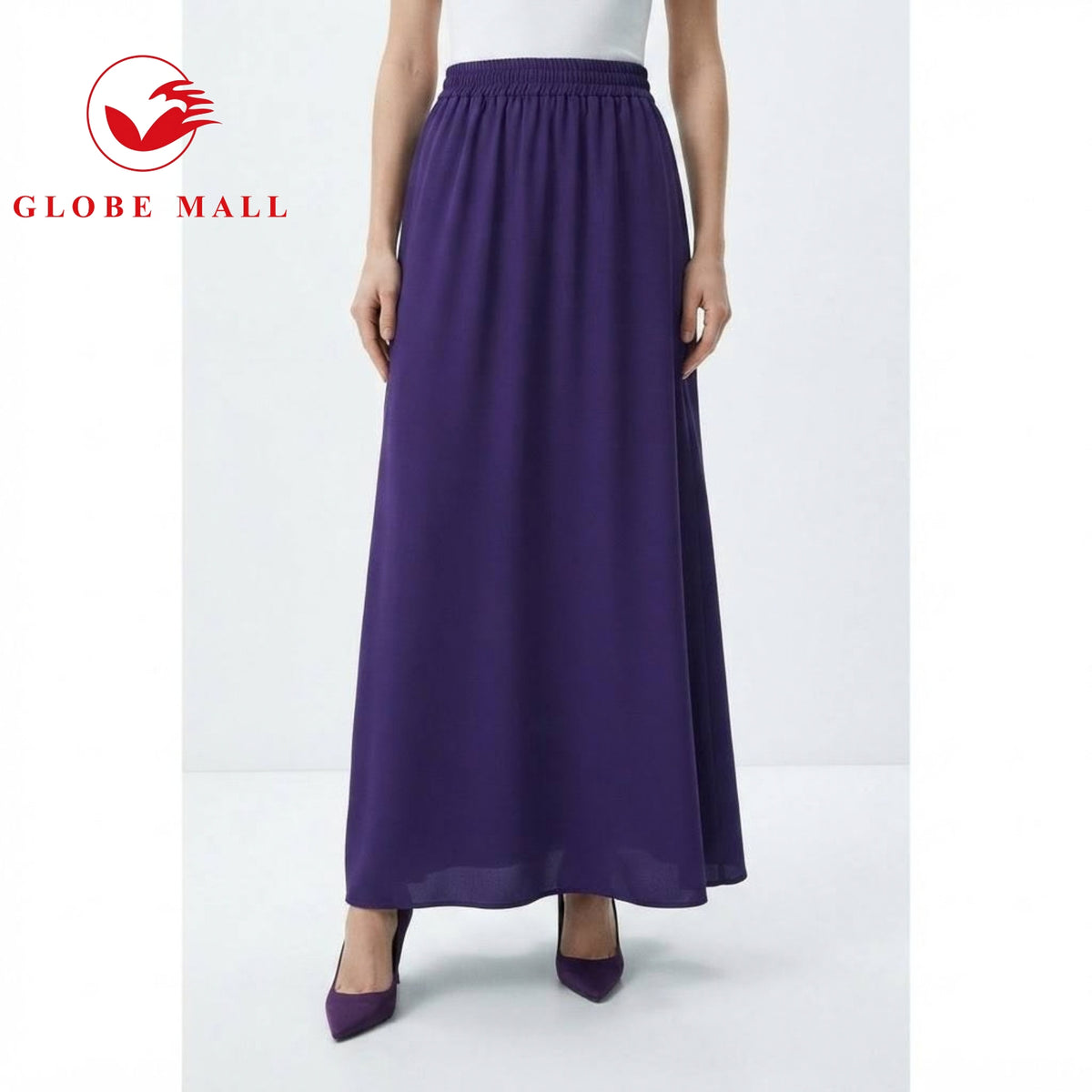 Women’s Elastic High-Waist Plain Pleated A-Line Maxi Skirt
