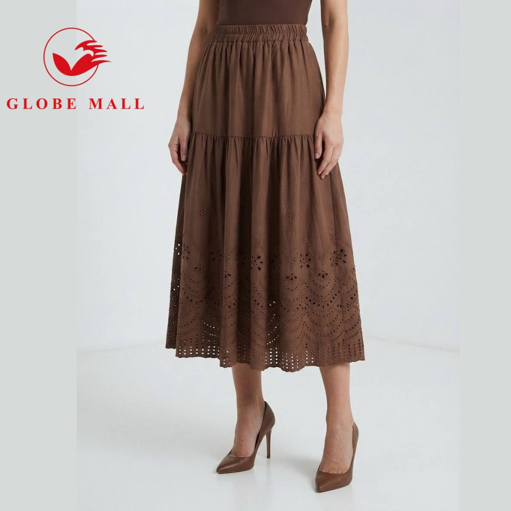 Ladies Embroidered Eyelet Tiered Maxi Skirt