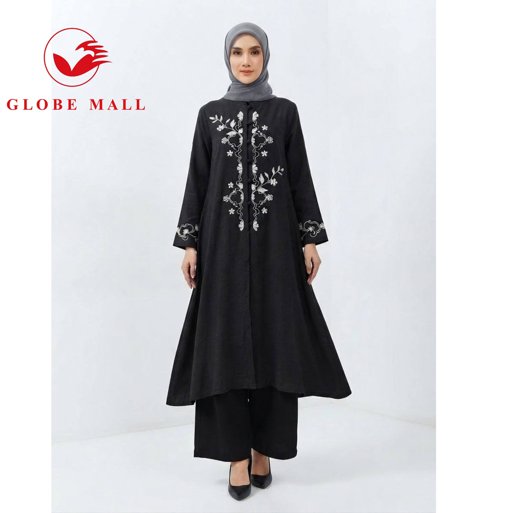 Embroidered Floral Front-Button Long Muslimah Blouse Tunic