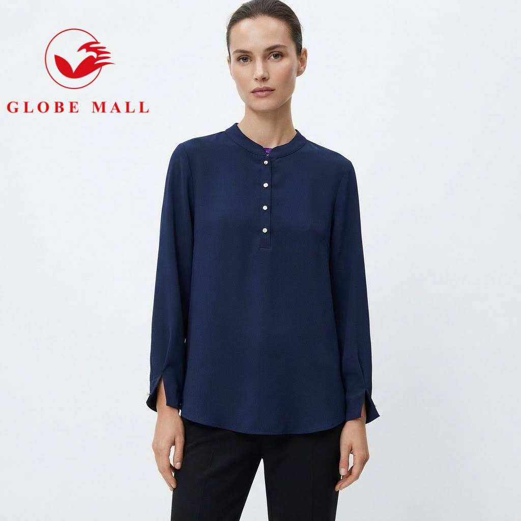 Ladies Minimalist Mandarin Collar Pearl-Button Muslimah Blouse