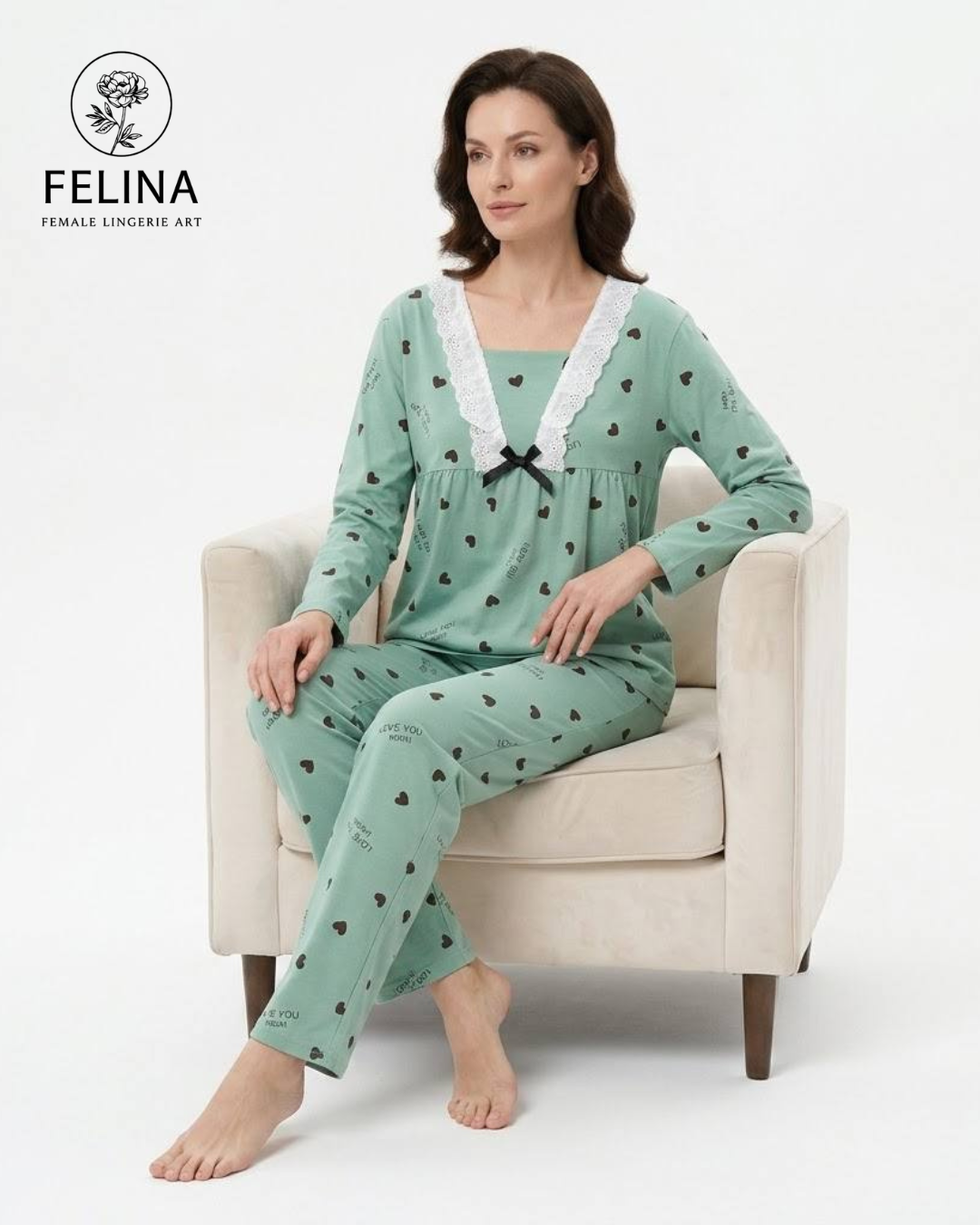 Women's Heart Print Long Sleeve Pajamas Set