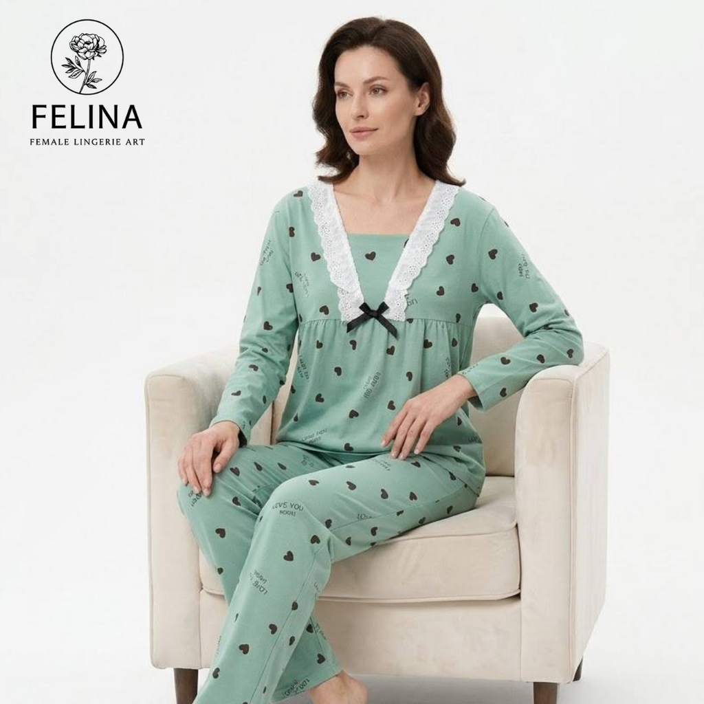 Women's Heart Print Long Sleeve Pajamas Set
