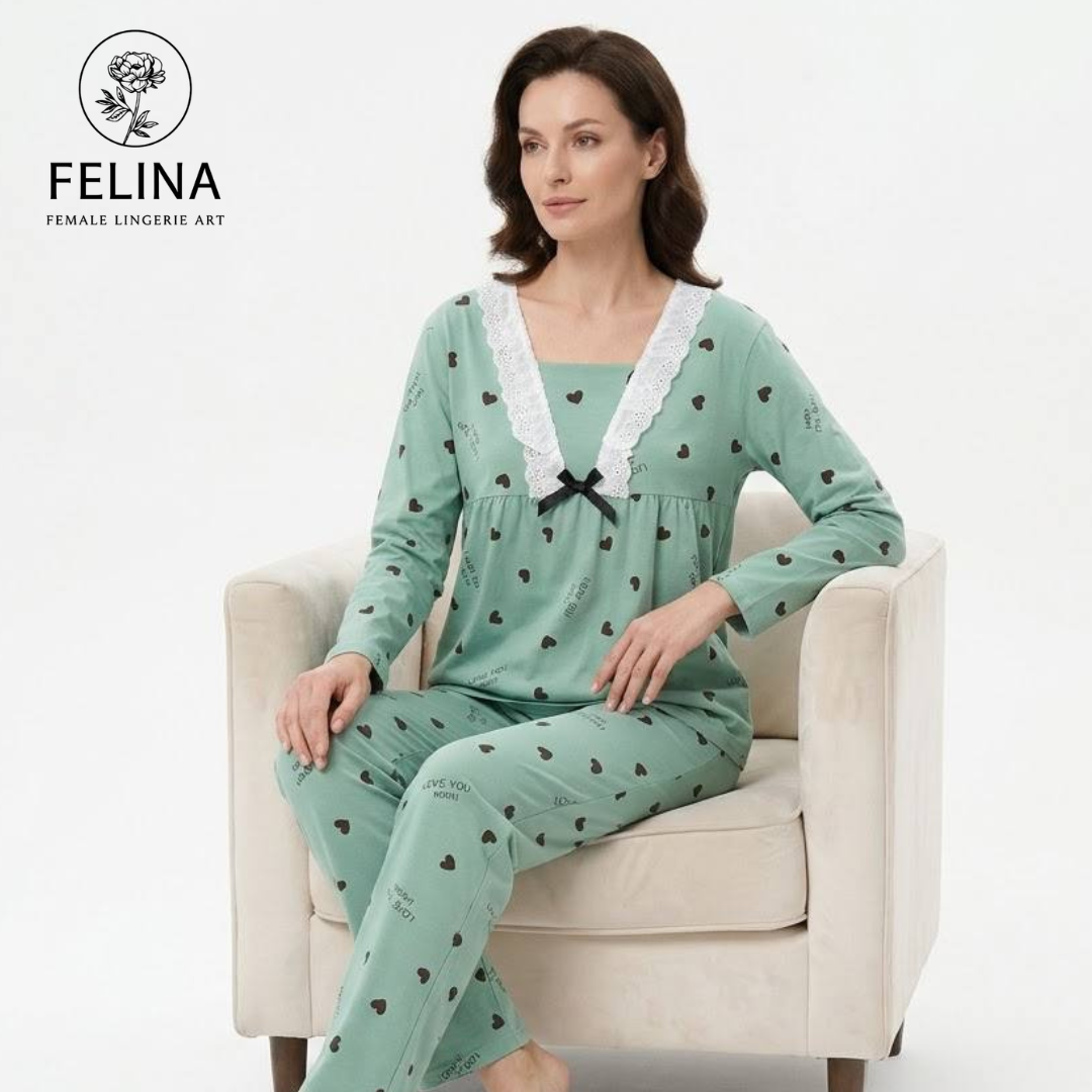 Women's Heart Print Long Sleeve Pajamas Set