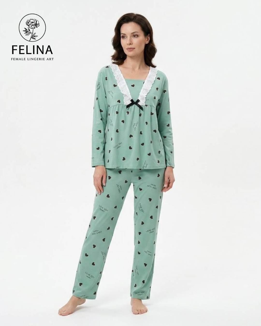 Women's Heart Print Long Sleeve Pajamas Set