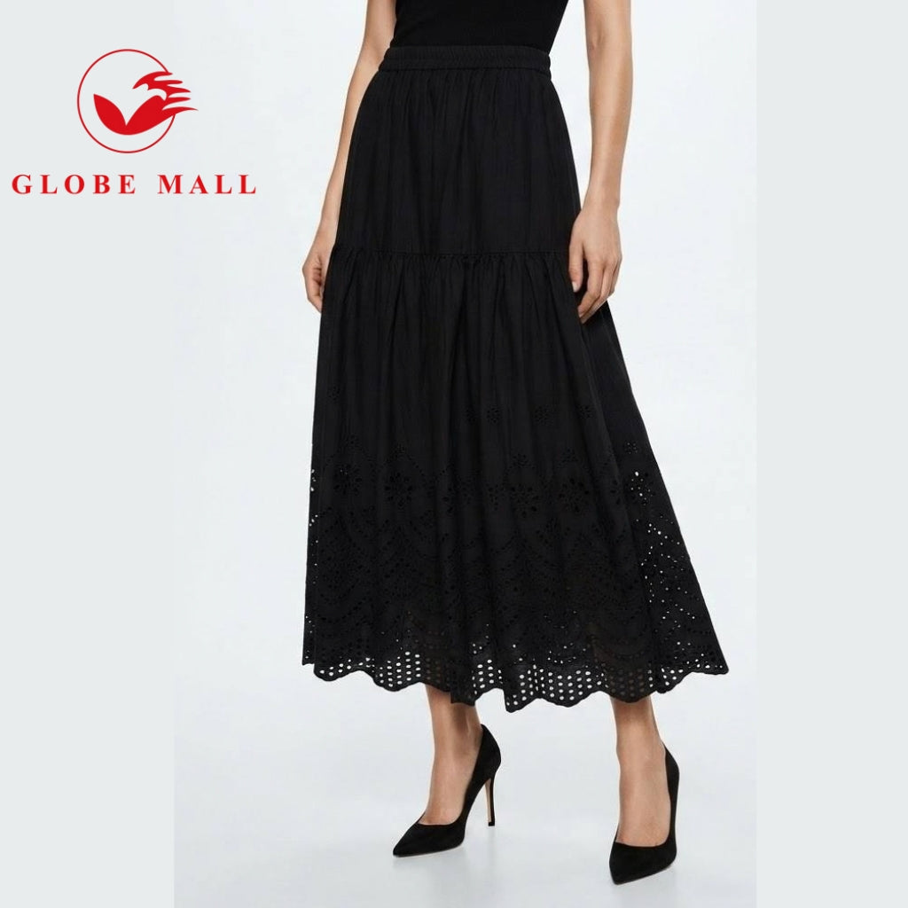 Ladies Embroidered Eyelet Tiered Maxi Skirt